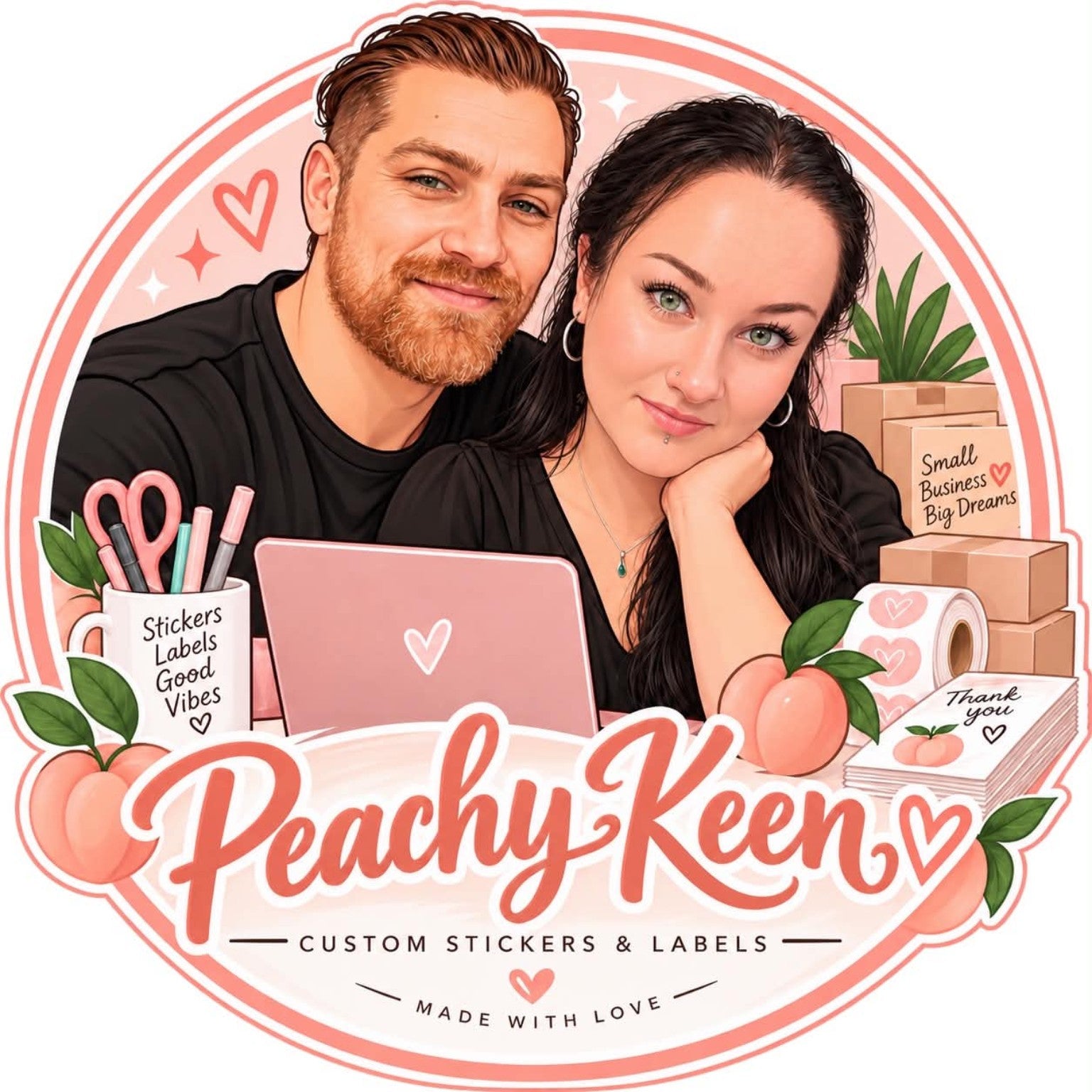 Peachy Keen owners surrounded by stickers, labels and stationery