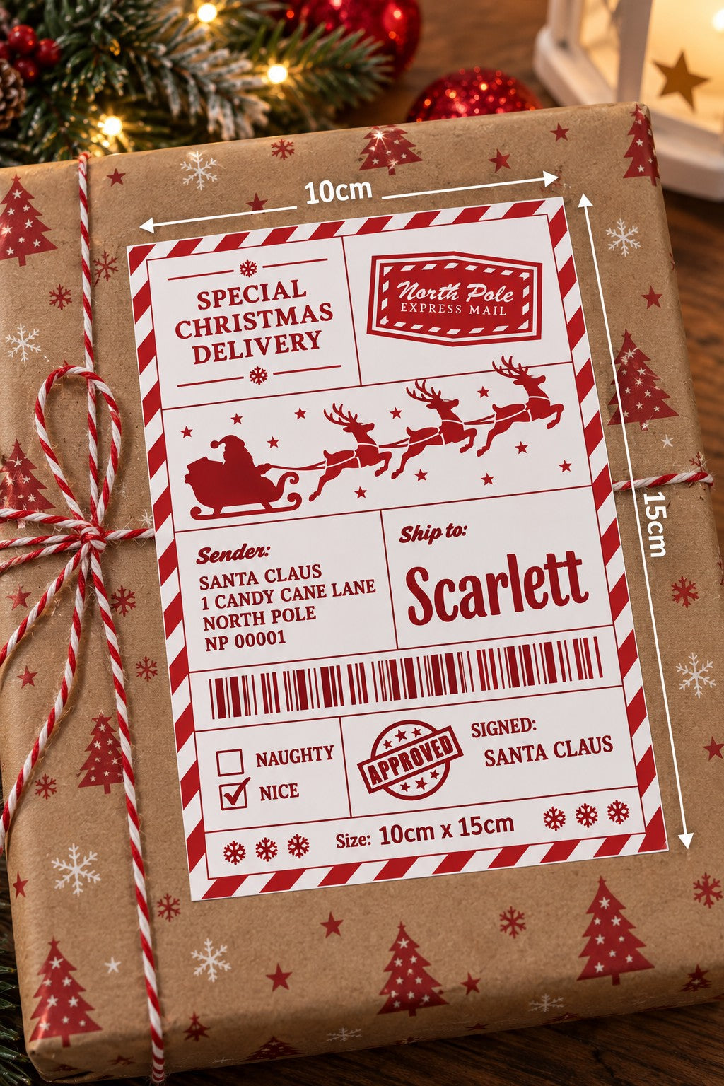 Christmas sticker labels from Santa - red and white North Pole Christmas delivery label