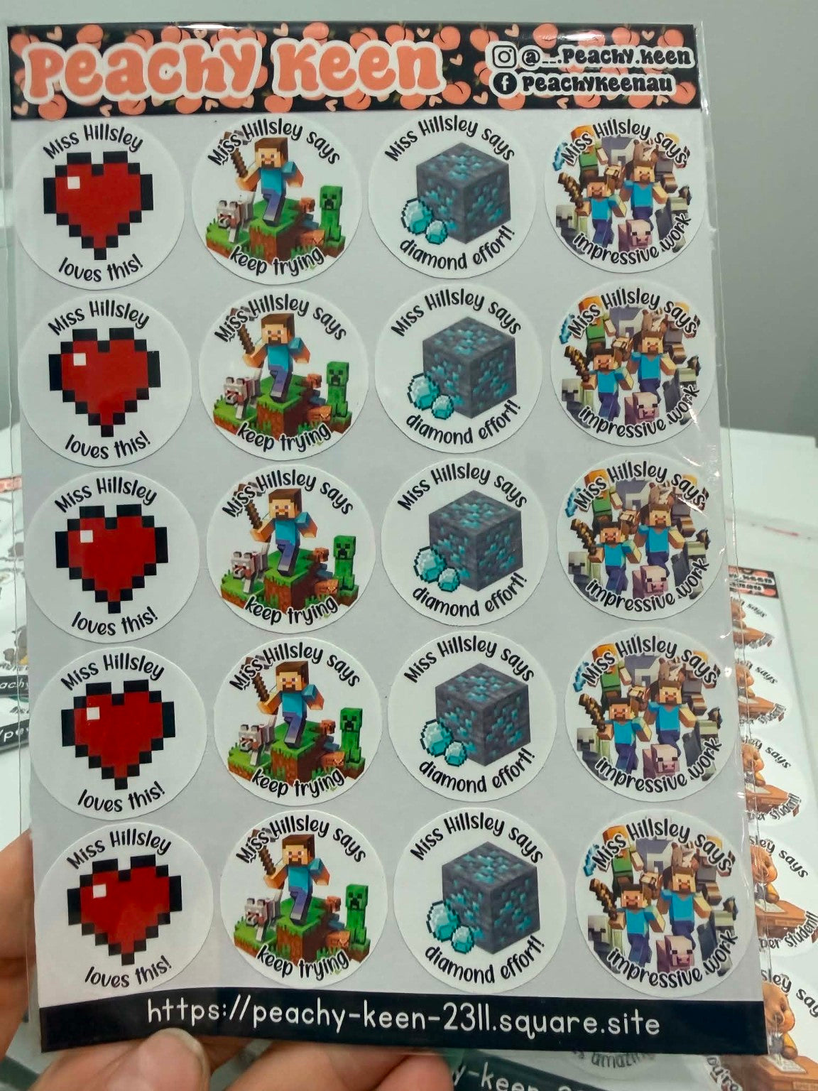 Minecraft-themed teacher reward stickers by Peachy Keen