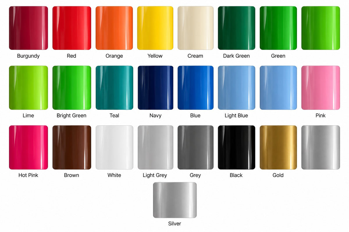 Peachy Keen custom vinyl colour chart showing available vinyl colours
